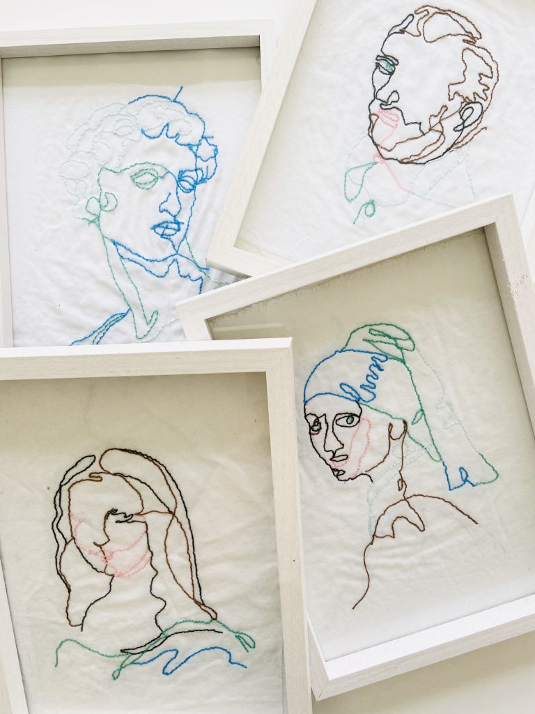 フランスの伝統的な刺繍色を使ってヨーロッパの芸術家をワンストロークでモダンに刺繍していくワークショップです。